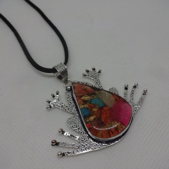 Unique "OYSTER TURQUOISE" Handmade Sterling FROG Pendant/Black Leather #77A - Picture 1 of 3